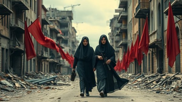 Women in veils walk near war-torn buildings and red flags.