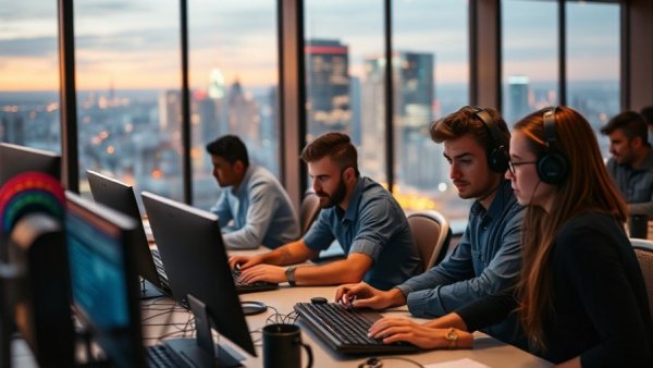 Demand for software engineers in modern office with cityscape view.