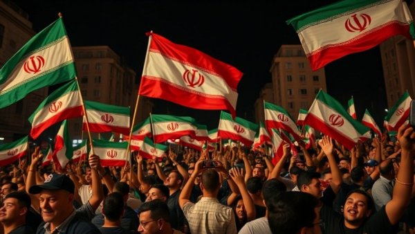 Excited crowd waves Iranian flags at night rally.