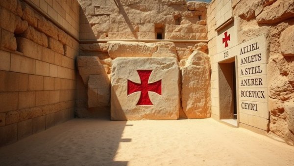 Ancient monastery discovery site with cross symbol and sandy floor.