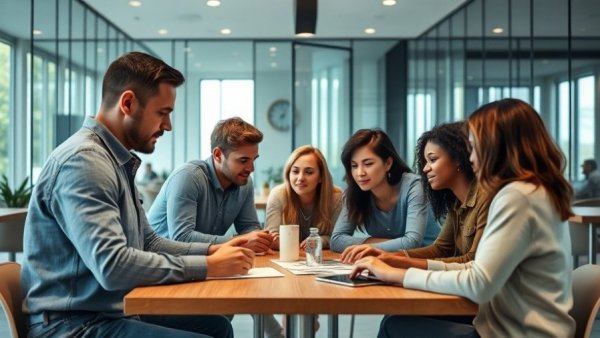 Diverse team discussing ideas during Participatory Budgeting Vote Week.