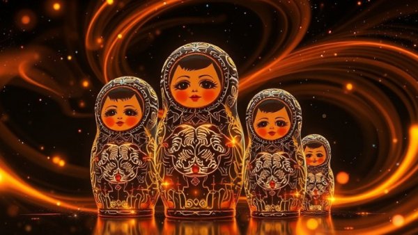 Creative depiction of AI model compression with nesting dolls and circuit patterns.