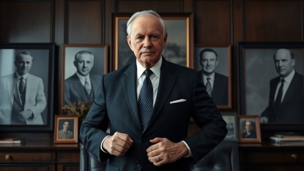 Wilson Fisk in a formal suit, flanked by historic photos, in a dark office.