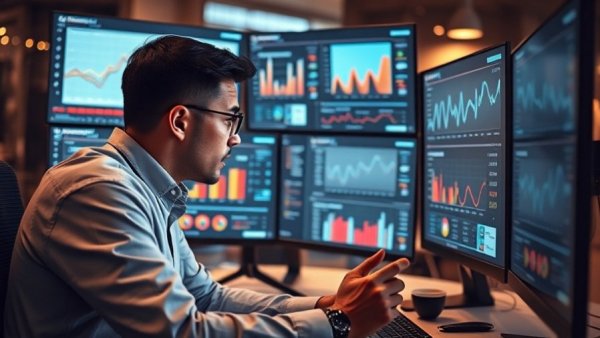 Person analyzing AI-powered marketing operations dashboards on multiple screens