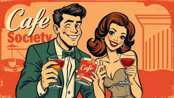 Retro illustration of Cafe Society poster with animated couple