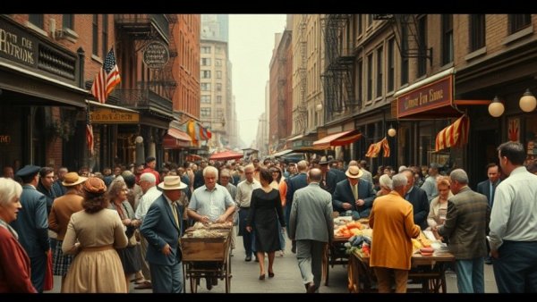 Pushcarts of the Lower East Side in historical street scene.