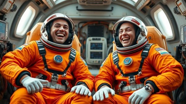 Artemis II Mission Success: Smiling astronauts in orange suits celebrating inside spacecraft.