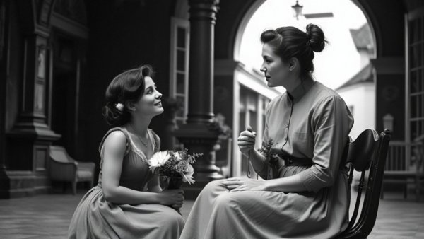 Vintage scene of man and woman in conversation, black and white.