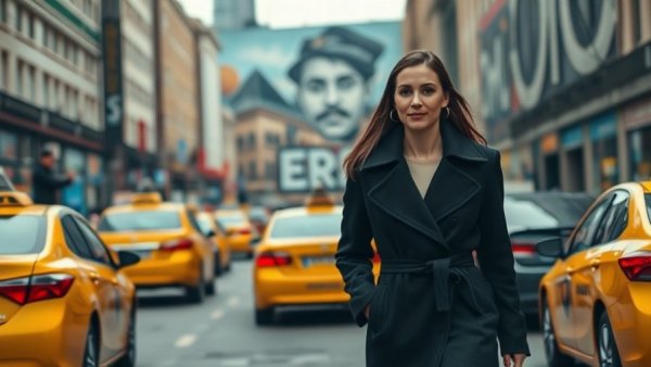 Woman walking in front of mural and taxis in urban Iran scene
