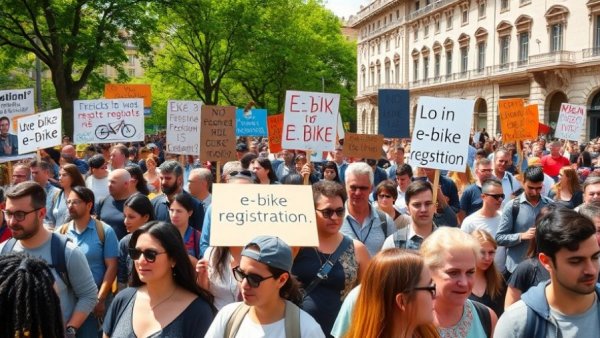 Demonstration advocating for e-bike registration in urban setting.
