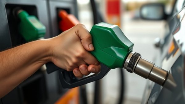 Close-up of green fuel nozzle refueling at a gas station