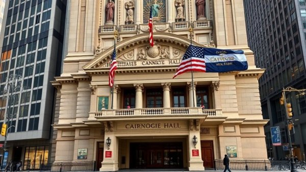 Treasures of Carnegie Hall: elegant architecture with waving flags.