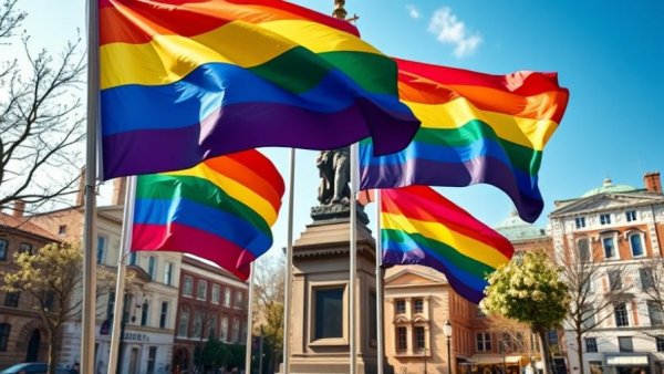 Pride flag reinstatement at Stonewall Monument with flags and trees.