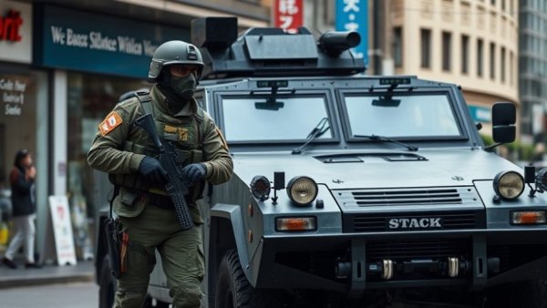 Kyiv shooting incident scene with soldier and armored vehicle.