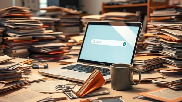 Laptop on desk amid scattered papers for information retrieval in small businesses.