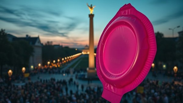 Massive pink condom on obelisk in public square, symbolic protest.
