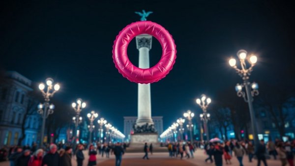 HIV/AIDS media portrayal giant pink condom over obelisk at night.