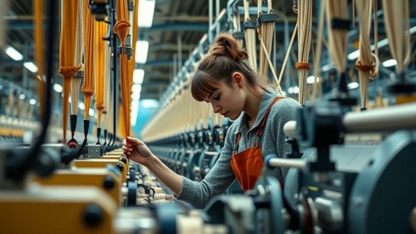 Impact of Iran war on China economy: Worker in textile factory adjusting machinery.