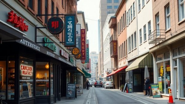 Charming local street with storefronts and shop signs promoting sustainable businesses.