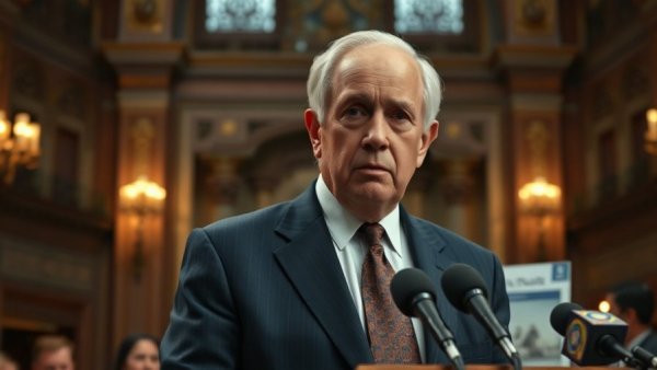 Elderly man at a press conference in a historic building about fund ICE and Border Patrol.