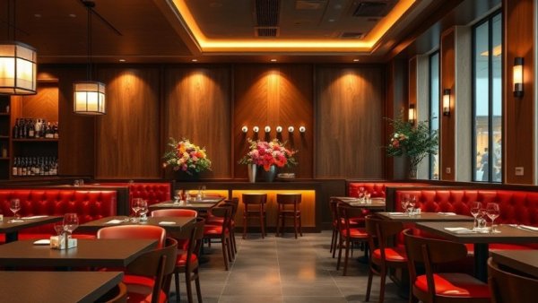 Modern New York restaurant interior with elegant decor and warm lighting.