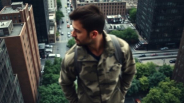 Upper East Side urban aerial view with inset of camo jacket man.