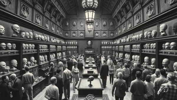 19th-century phrenology exhibition hall with visitors examining head busts.