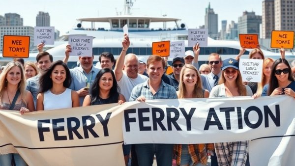 Ferry Service Proposal for World Cup Travel event with group holding signs.