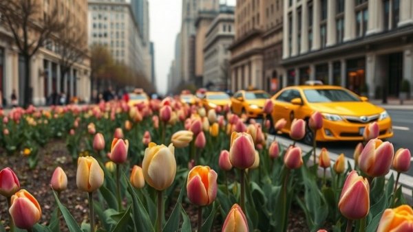Park Avenue tulips vandalism with missing blossoms, city street.