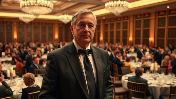 Middle-aged man in tuxedo at an elegant banquet hall event.