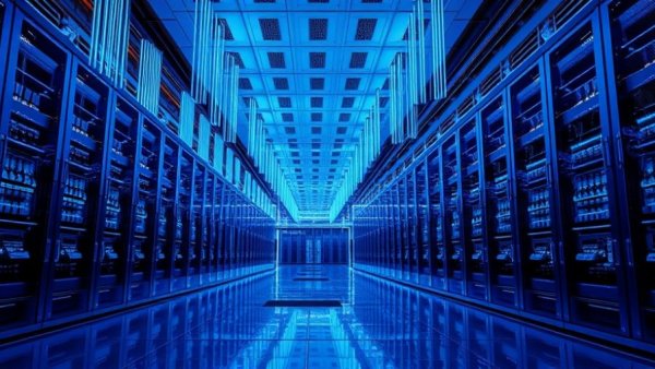 Futuristic data center with glowing blue lights for AI power consumption estimation.
