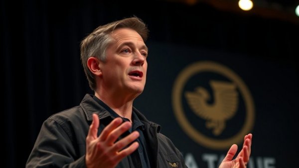 Middle-aged man speaking on stage with logo backdrop