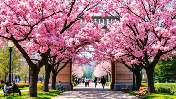 Springtime local events in May under cherry blossoms near a historic arch.