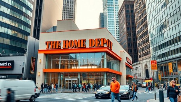 Home Depot building in bustling NYC street, daytime view.