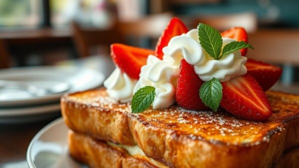 Decadent French toast with strawberries, ideal for Mother’s Day dining in Flatiron.