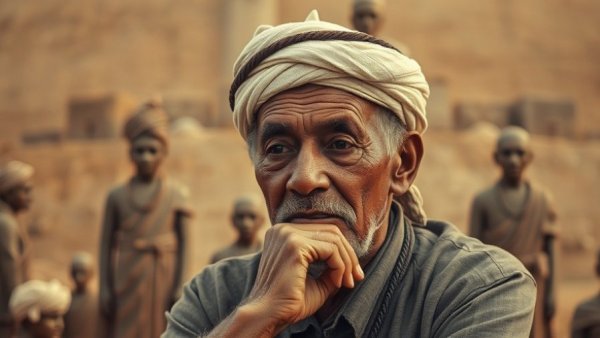 Contemplative man with traditional headwear pondering, Internationalism of Jazz