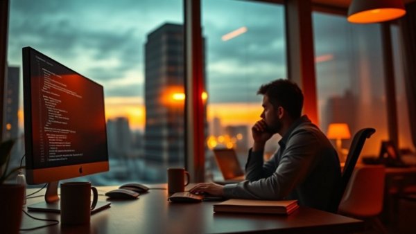Modern workspace showing coding on screen with cityscape view at dusk, symbolizing AI code review insufficiency.