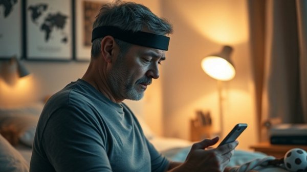 Mapping the Brain During Sleep: Man using sleep tracker in bedroom.