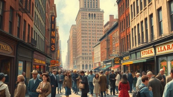 Early 20th-century street scene in Greenwich Village, vibrant nostalgia.