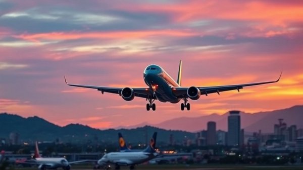 Spirit Airlines plane landing with cityscape and mountains.