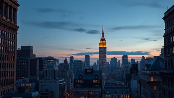 Dusk skyline showcasing historic architecture, New York.
