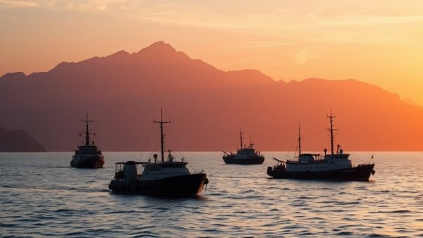 Silhouetted vessels on calm sea at sunrise with mountains.