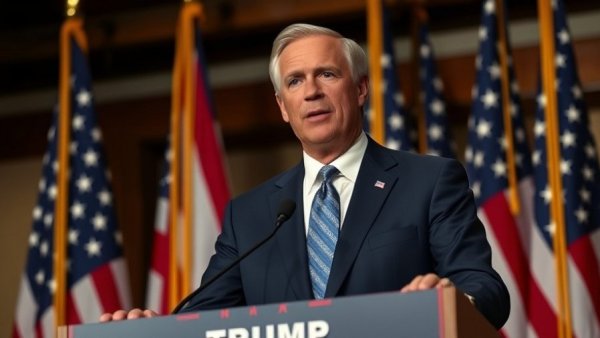 Politician speaking at podium with American flags backdrop.