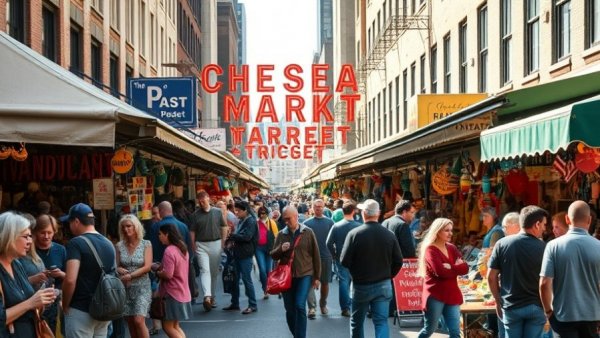 Bustling Chelsea Flea Market NYC with diverse crowd and vendors.