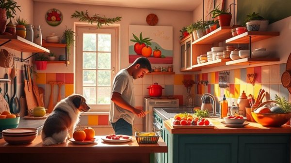 Vibrant kitchen scene with man and dog using AI in content creation
