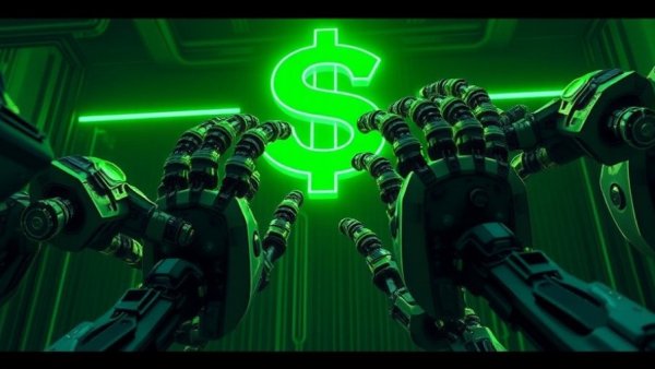 Robotic arms reaching for a glowing dollar symbol, symbolizing automation and wage control.