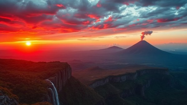 Frederic Church-style sunset with erupting volcano and vibrant landscape.