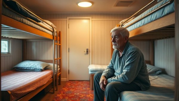 Cozy room with a man considering hantavirus awareness, bunk beds and carpet.