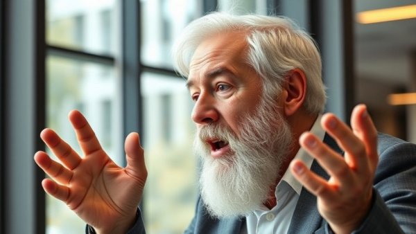 Mature man discussing defending free speech in an office setting.