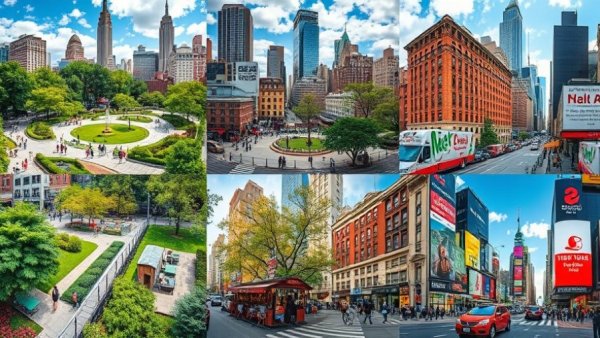 Vibrant New York City park and attraction collage highlighting Flatiron events.